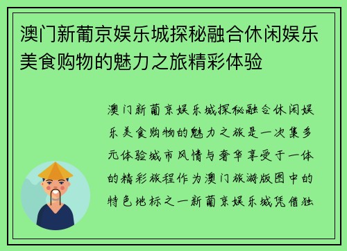 澳门新葡京娱乐城探秘融合休闲娱乐美食购物的魅力之旅精彩体验