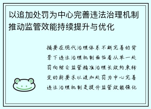 以追加处罚为中心完善违法治理机制推动监管效能持续提升与优化